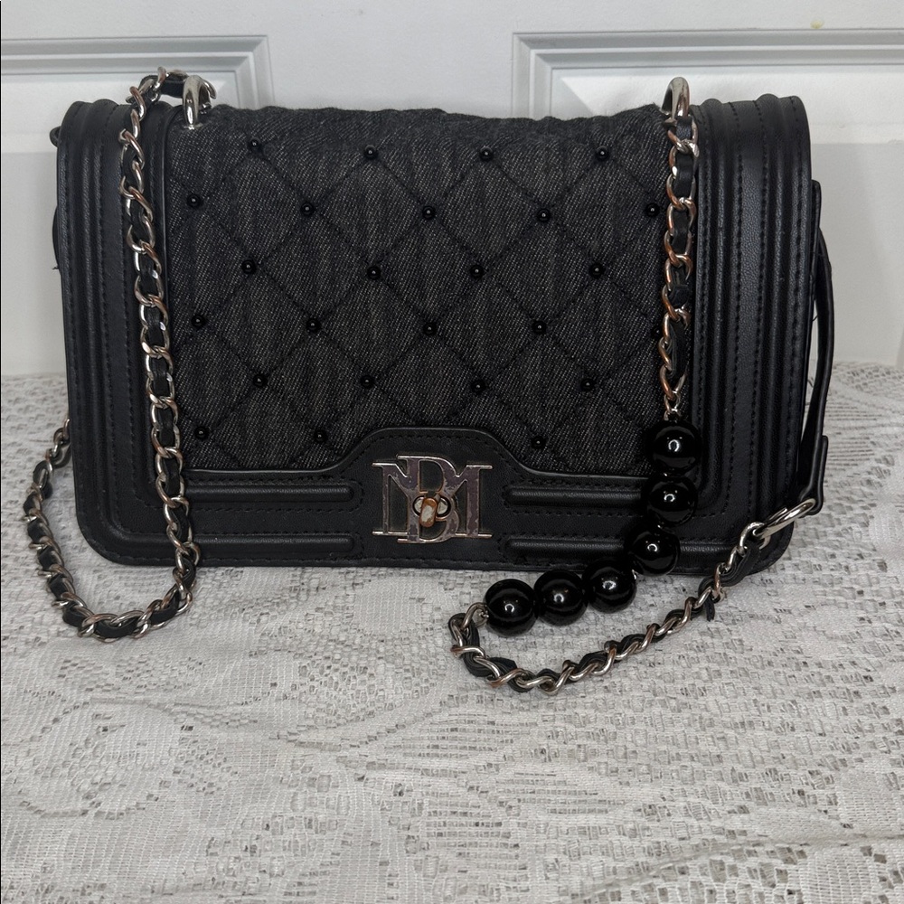 Badgley Mischka black leather denim chain strap crossbody shoulder bag - Picture 3 of 10